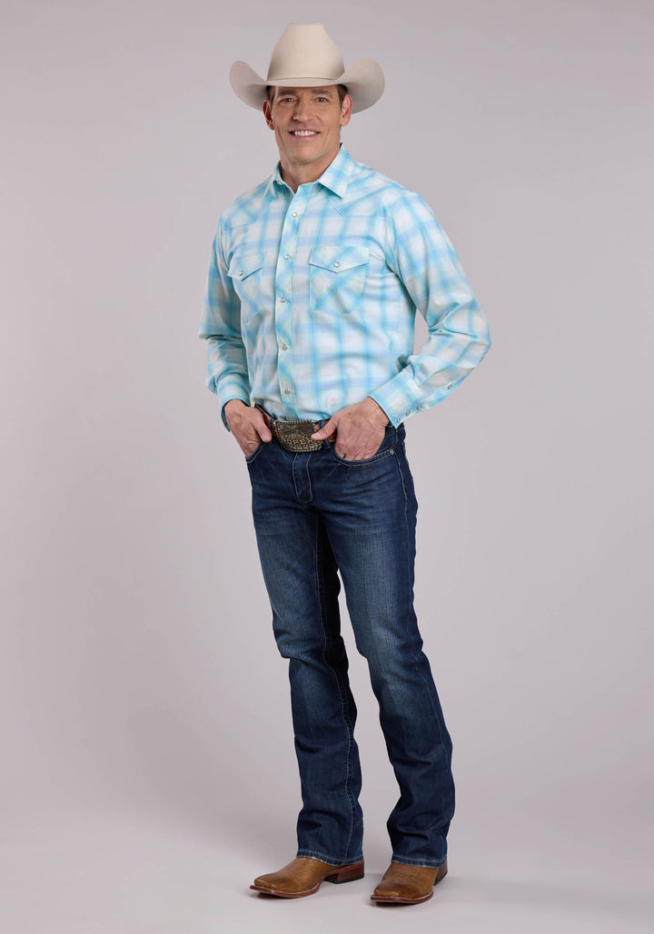 MENS ROPER CYAN PLAID LONG SLEEVE SNAP SHIRT