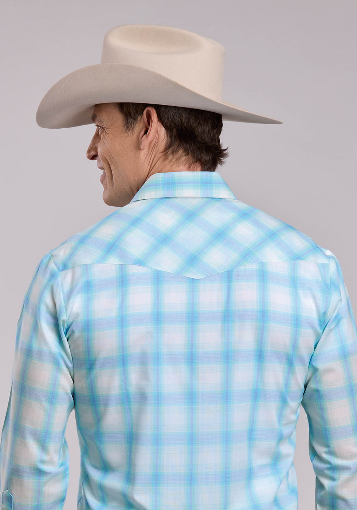 MENS ROPER CYAN PLAID LONG SLEEVE SNAP SHIRT