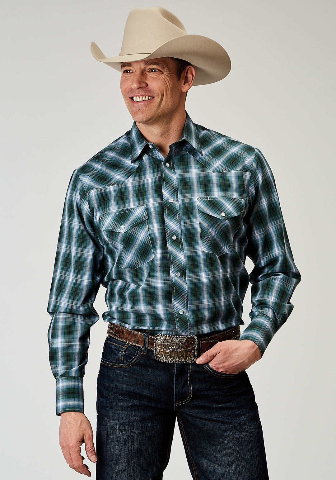 MENS LONG SLEEVE SNAP OCEAN PLAID WESTERN SHIRT