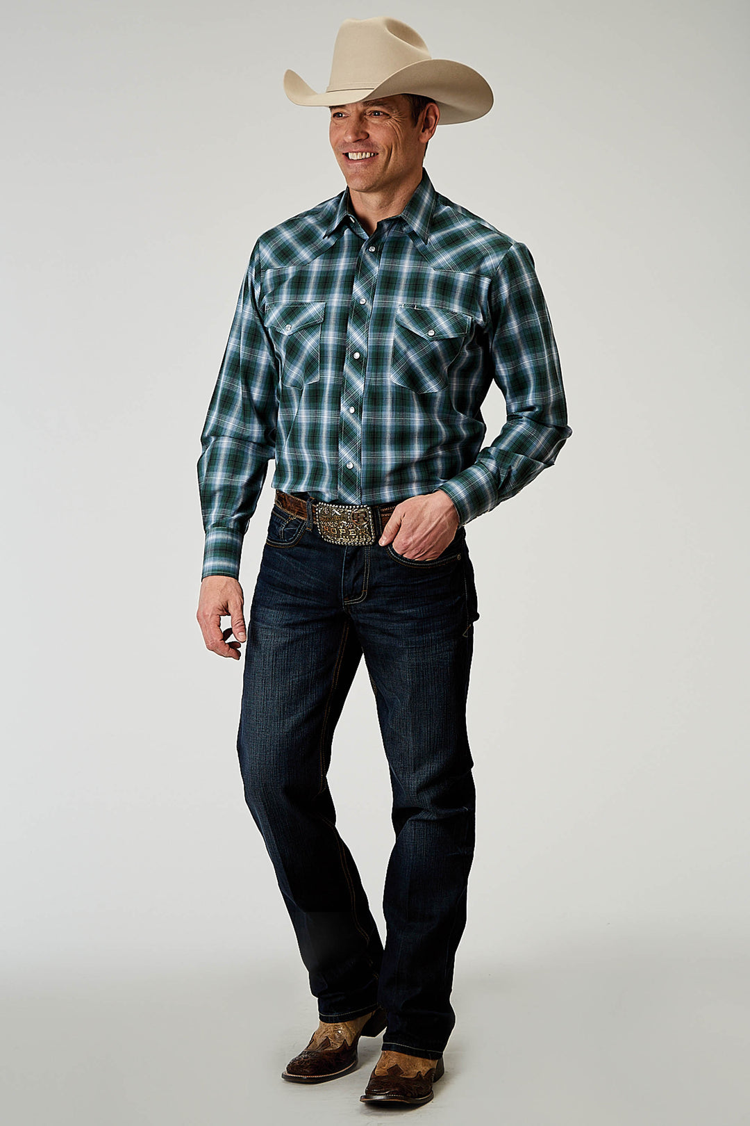 MENS LONG SLEEVE SNAP OCEAN PLAID WESTERN SHIRT