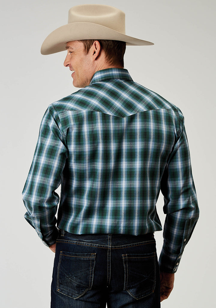 MENS LONG SLEEVE SNAP OCEAN PLAID WESTERN SHIRT