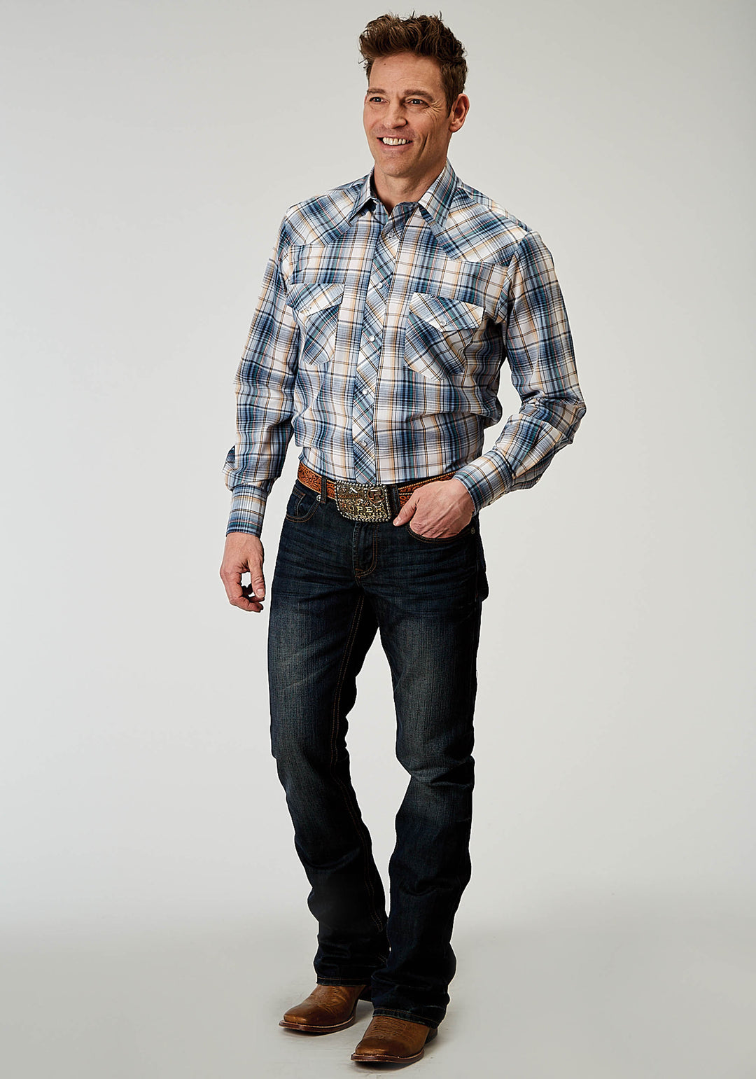 MENS LONG SLEEVE SNAP MADRAS PLAID WESTERN SHIRT