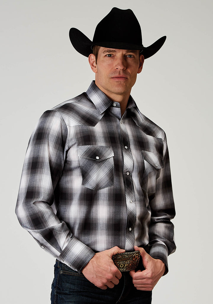 MENS LONG SLEEVE SNAP BLACK AND WHITE PLAID WESTERN SHIRT