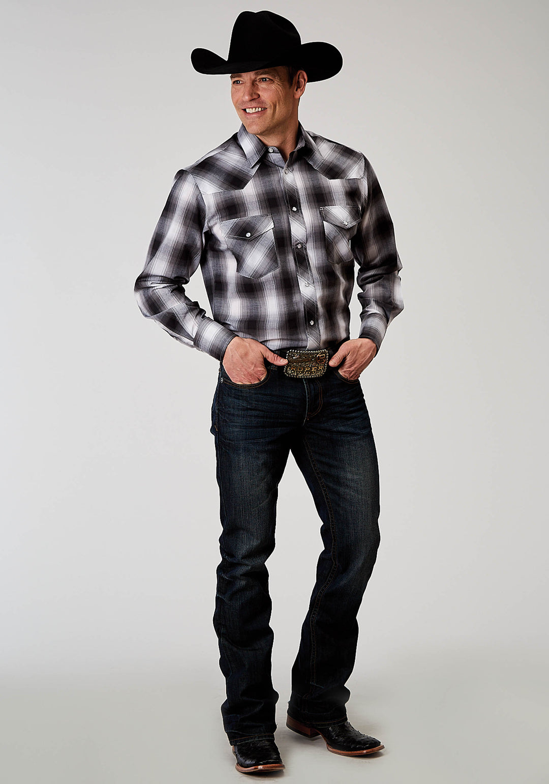 MENS LONG SLEEVE SNAP BLACK AND WHITE PLAID WESTERN SHIRT