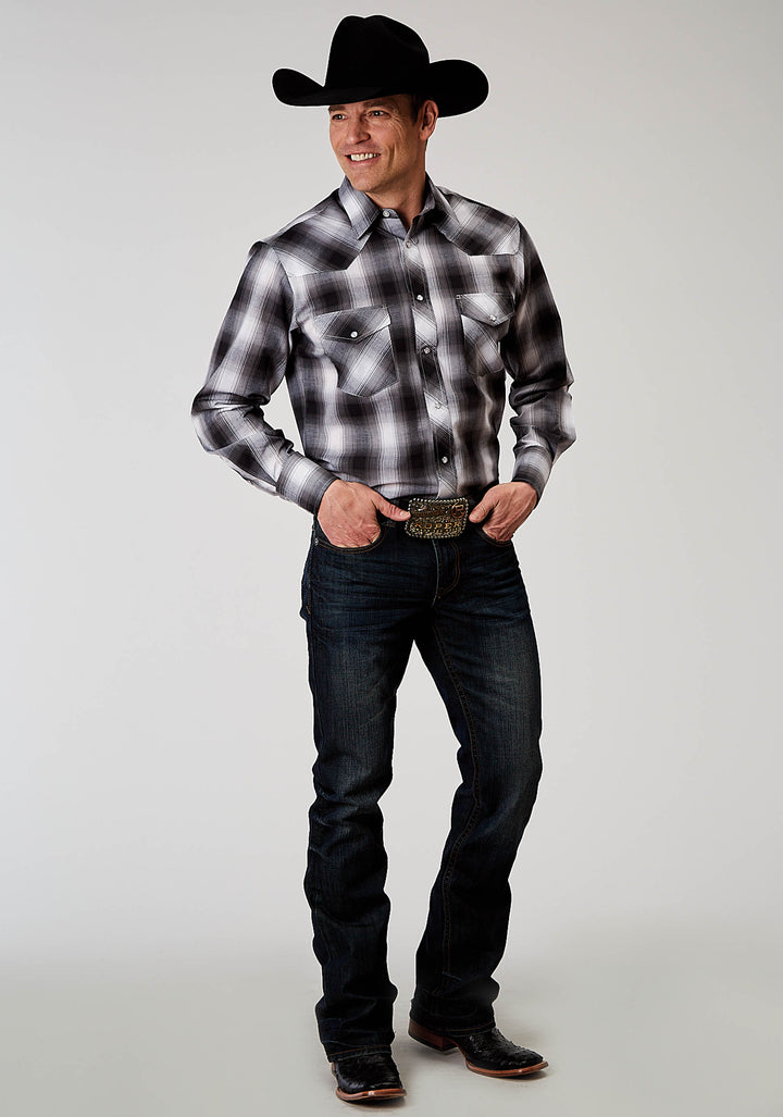 MENS LONG SLEEVE SNAP BLACK AND WHITE PLAID WESTERN SHIRT