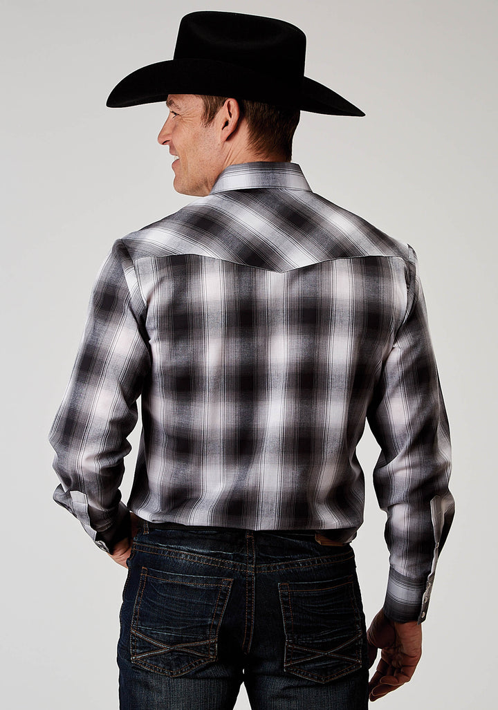 MENS LONG SLEEVE SNAP BLACK AND WHITE PLAID WESTERN SHIRT