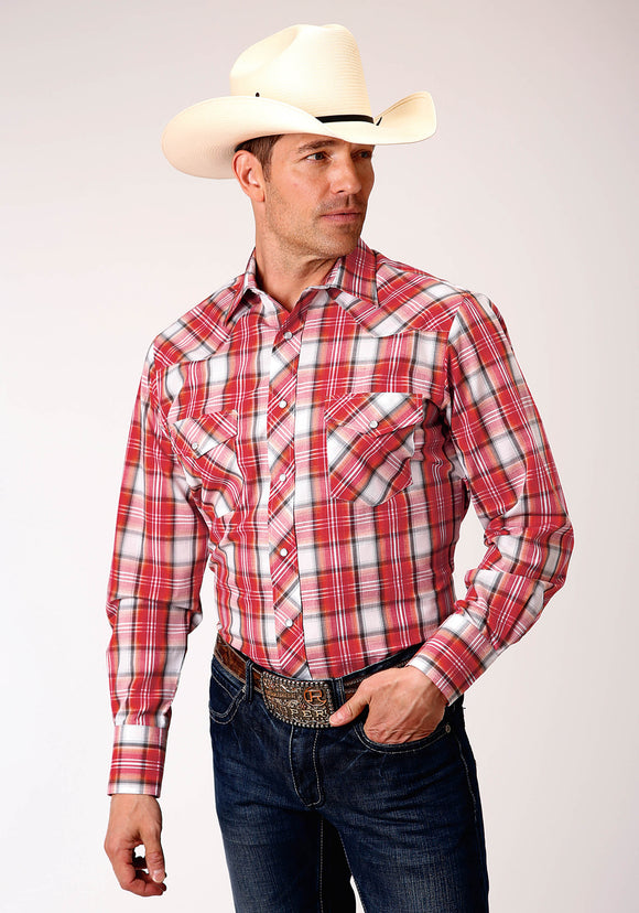 MENS LONG SLEEVE SNAP ORANGE  RED  BLACK  AND WHITE PLAID WESTERN SHIRT