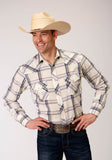 MENS LONG SLEEVE SNAP CREAM NAVY BROWN LARGE SCALE PLAID WESTERN SHIRT