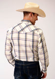 MENS LONG SLEEVE SNAP CREAM NAVY BROWN LARGE SCALE PLAID WESTERN SHIRT