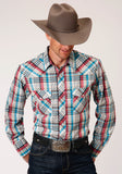 MENS LONG SLEEVE SNAP CREAM TURQUOISE RED BLACK PLAID WESTERN SHIRT