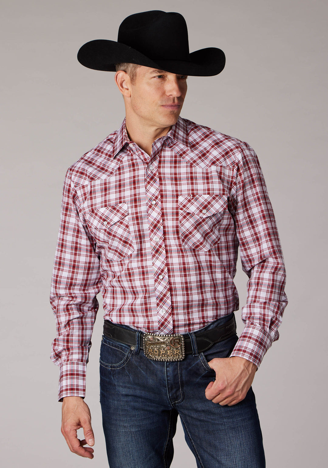 MENS RED WHITE AND GRAY PLAID LONG SLEEVE SNAP WESTERN SHIRT
