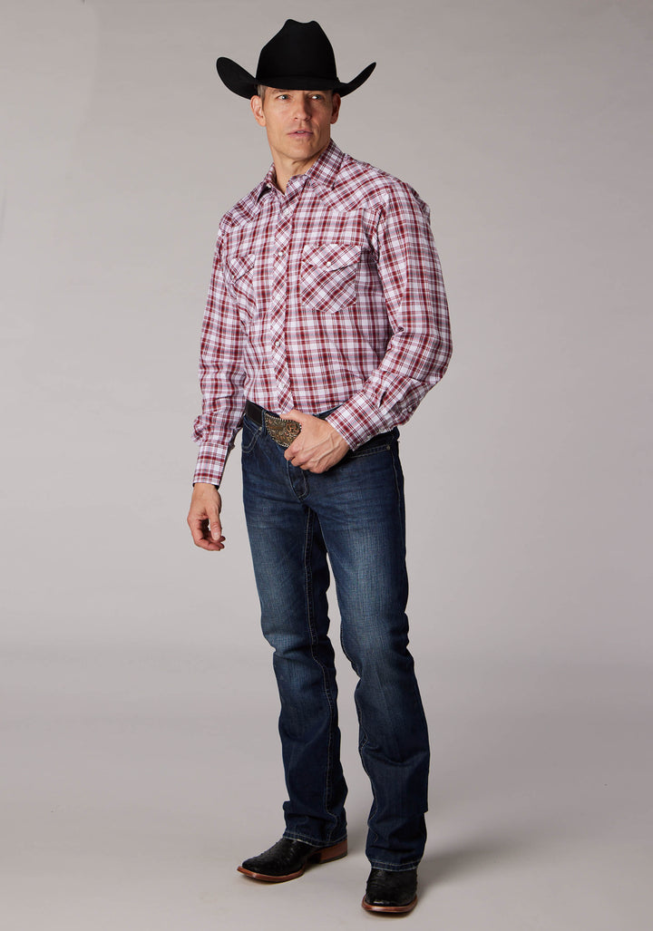 MENS RED WHITE AND GRAY PLAID LONG SLEEVE SNAP WESTERN SHIRT