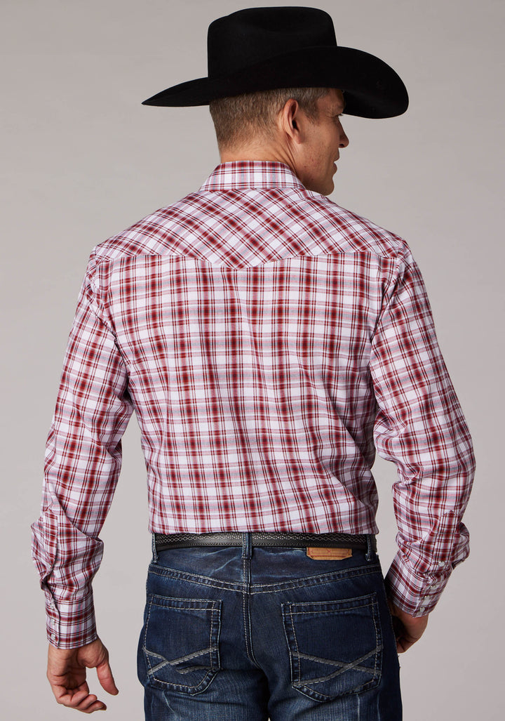 MENS RED WHITE AND GRAY PLAID LONG SLEEVE SNAP WESTERN SHIRT