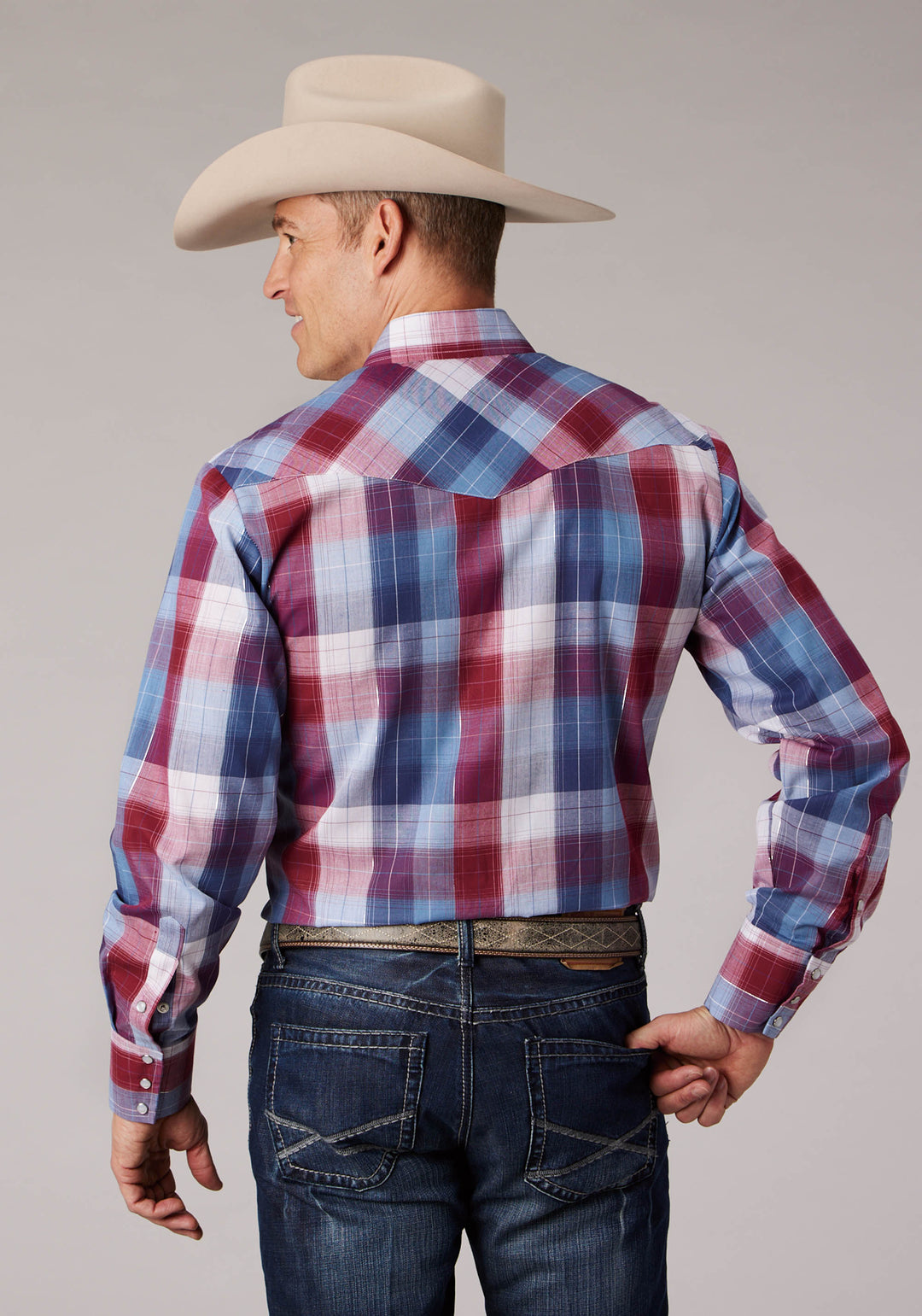 MENS RED AND WHITE PLAID LONG SLEEVE SNAP WESTERN SHIRT