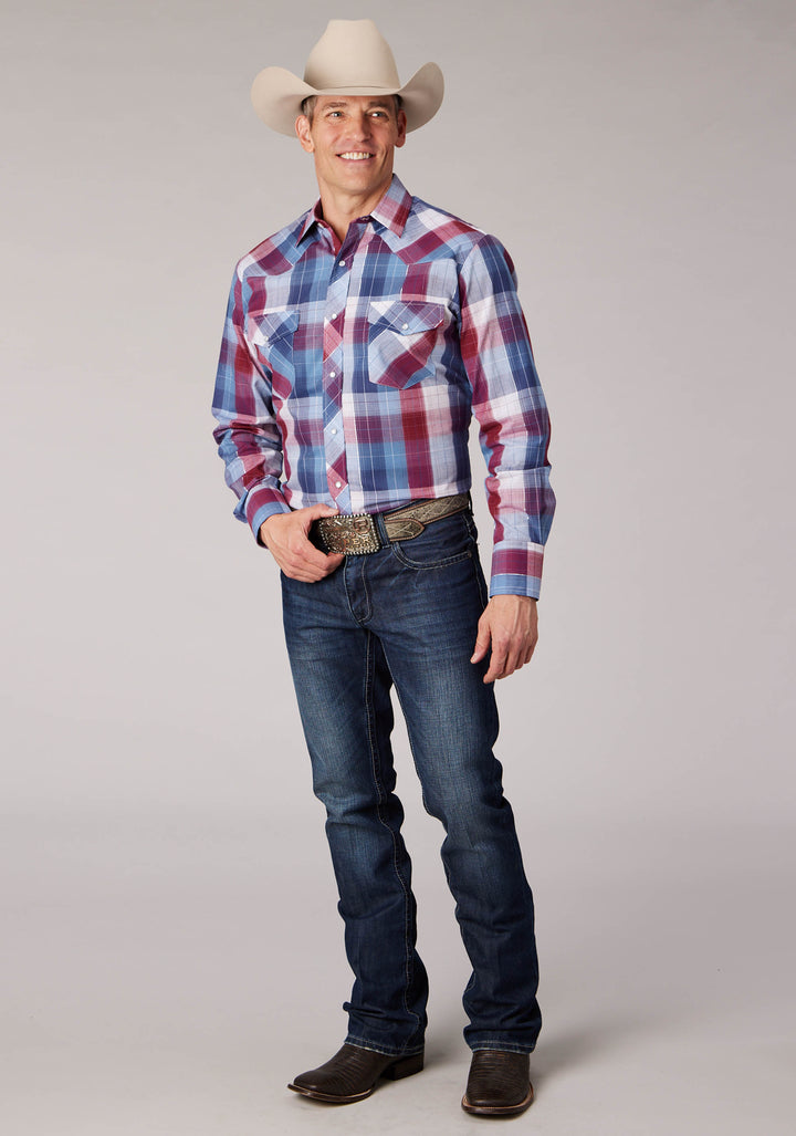 MENS RED AND WHITE PLAID LONG SLEEVE SNAP WESTERN SHIRT