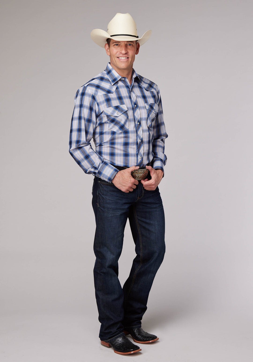 MENS NAVY WHITE AND CREAM BLACK PLAID LONG SLEEVE SNAP WESTERN SHIRT
