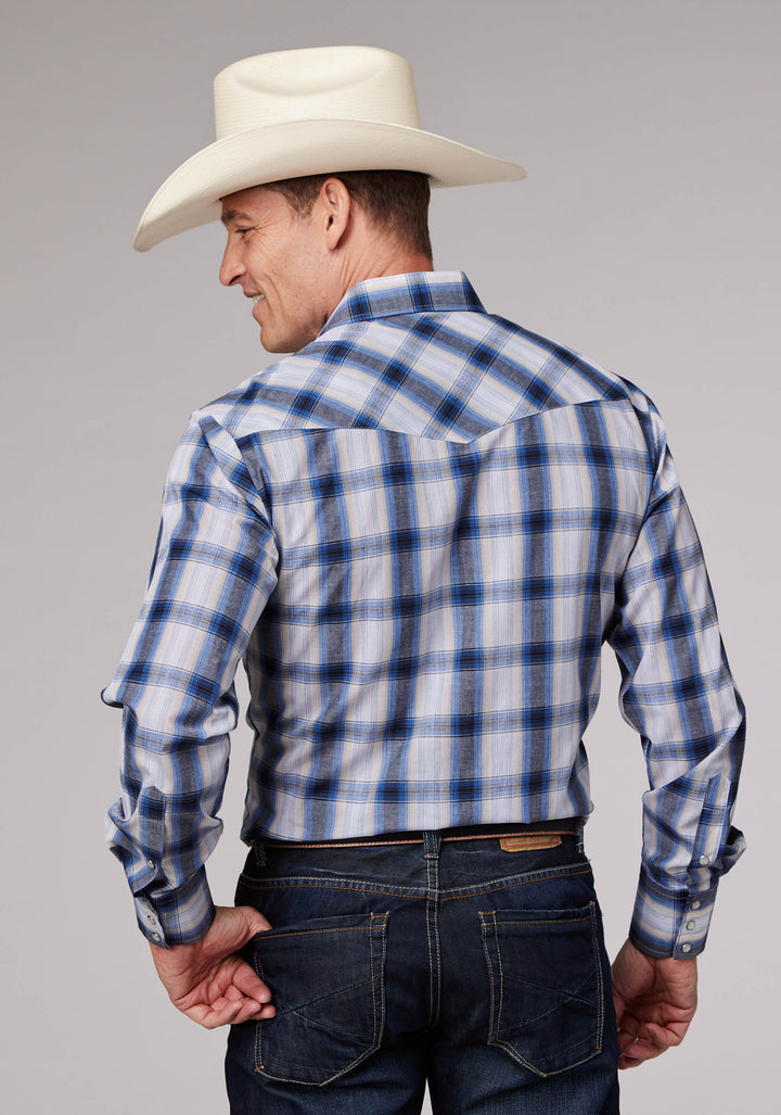 MENS NAVY WHITE AND CREAM BLACK PLAID LONG SLEEVE SNAP WESTERN SHIRT