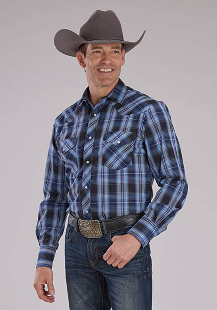MENS LONG SLEEVE SNAP BLACK NAVY CAROLINA BLUE PLAID WESTERN SHIRT