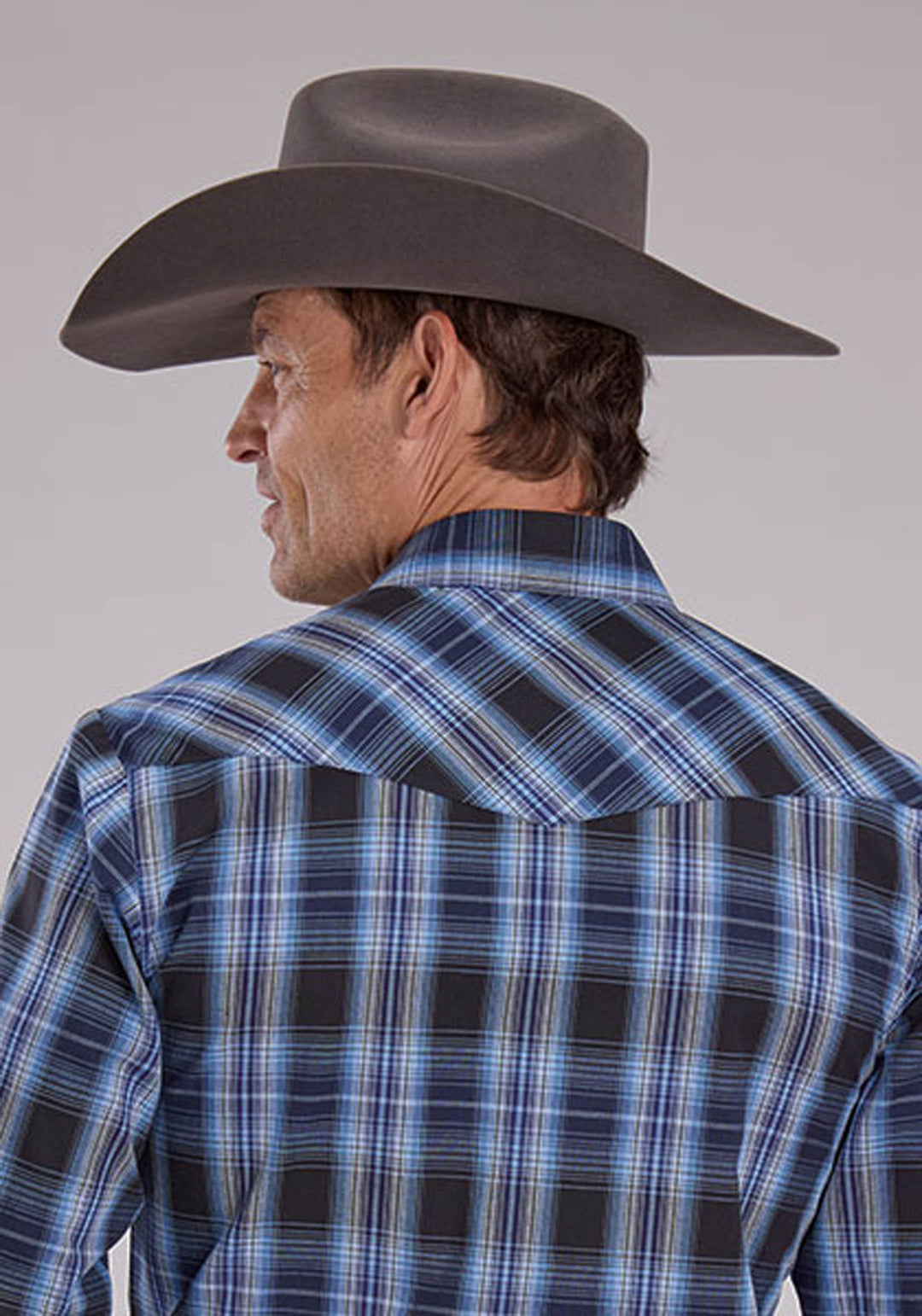 MENS LONG SLEEVE SNAP BLACK NAVY CAROLINA BLUE PLAID WESTERN SHIRT