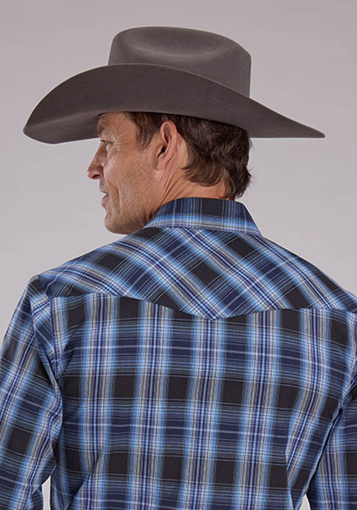 MENS LONG SLEEVE SNAP BLACK NAVY CAROLINA BLUE PLAID WESTERN SHIRT