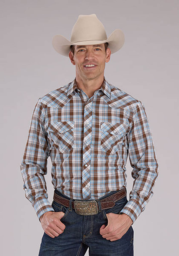 MENS COCOA SKY BLUE WHITE PLAID LONG SLEEVE SNAP WESTERN SHIRT