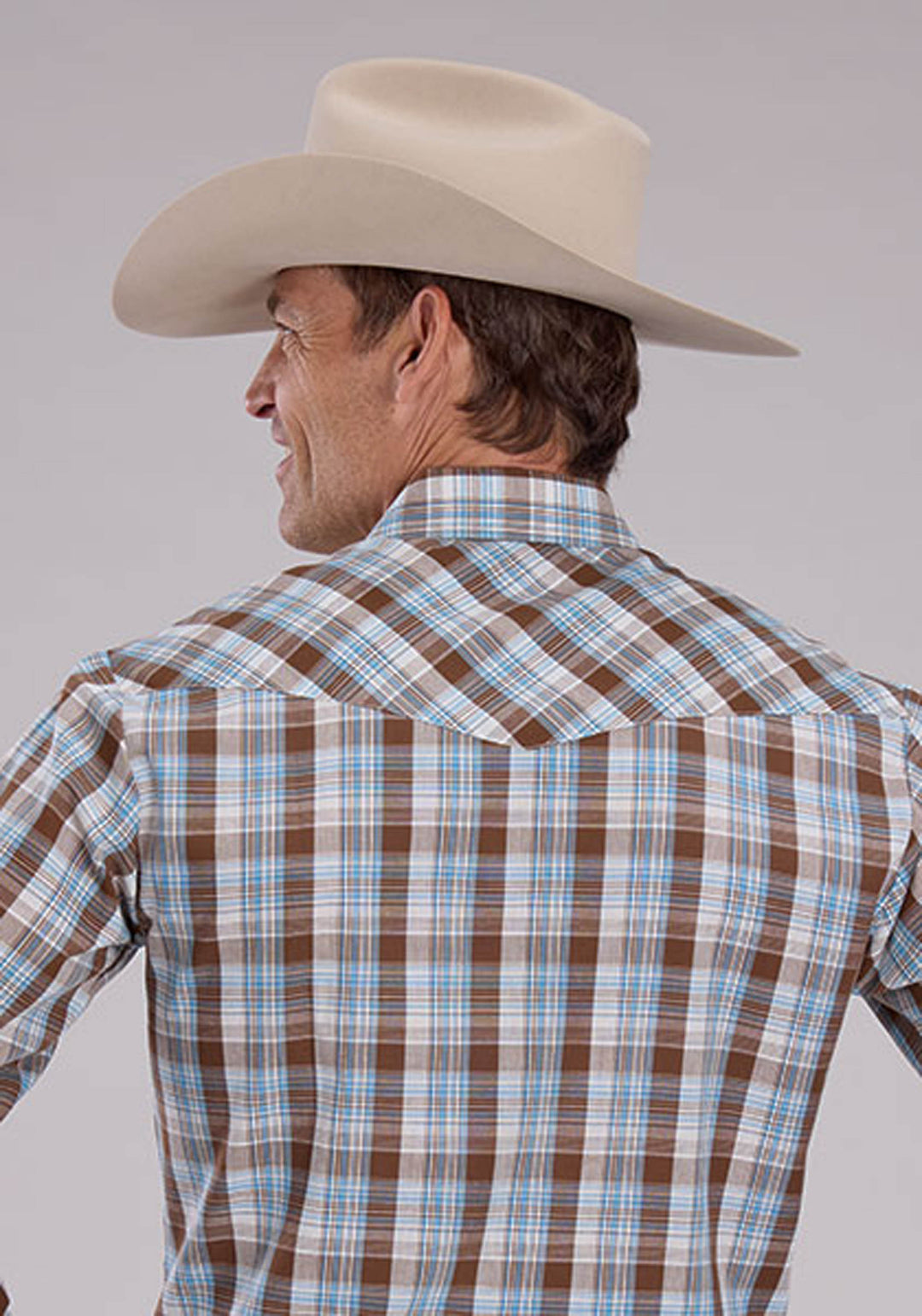 MENS COCOA SKY BLUE WHITE PLAID LONG SLEEVE SNAP WESTERN SHIRT