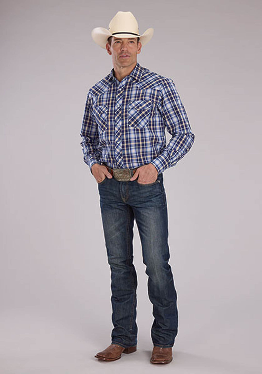 MENS LONG SLEEVE SNAP NAVY LIGHT BLUE  GOLD PLAID WESTERN SHIRT