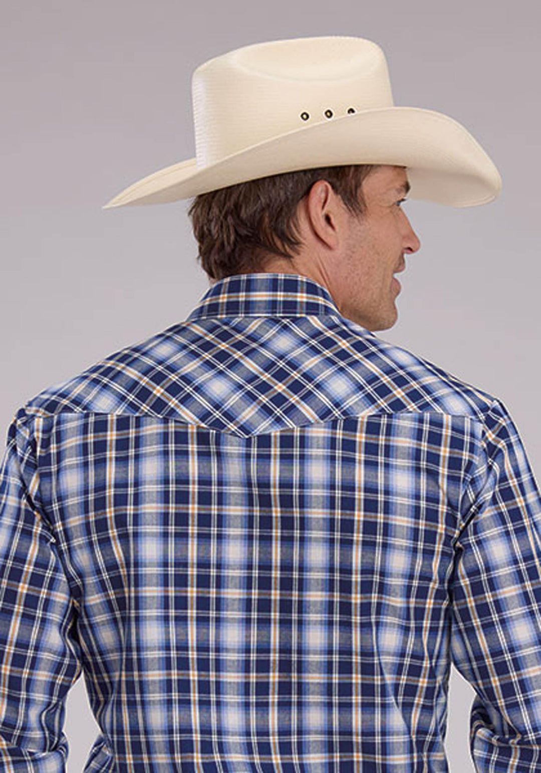 MENS LONG SLEEVE SNAP NAVY LIGHT BLUE  GOLD PLAID WESTERN SHIRT