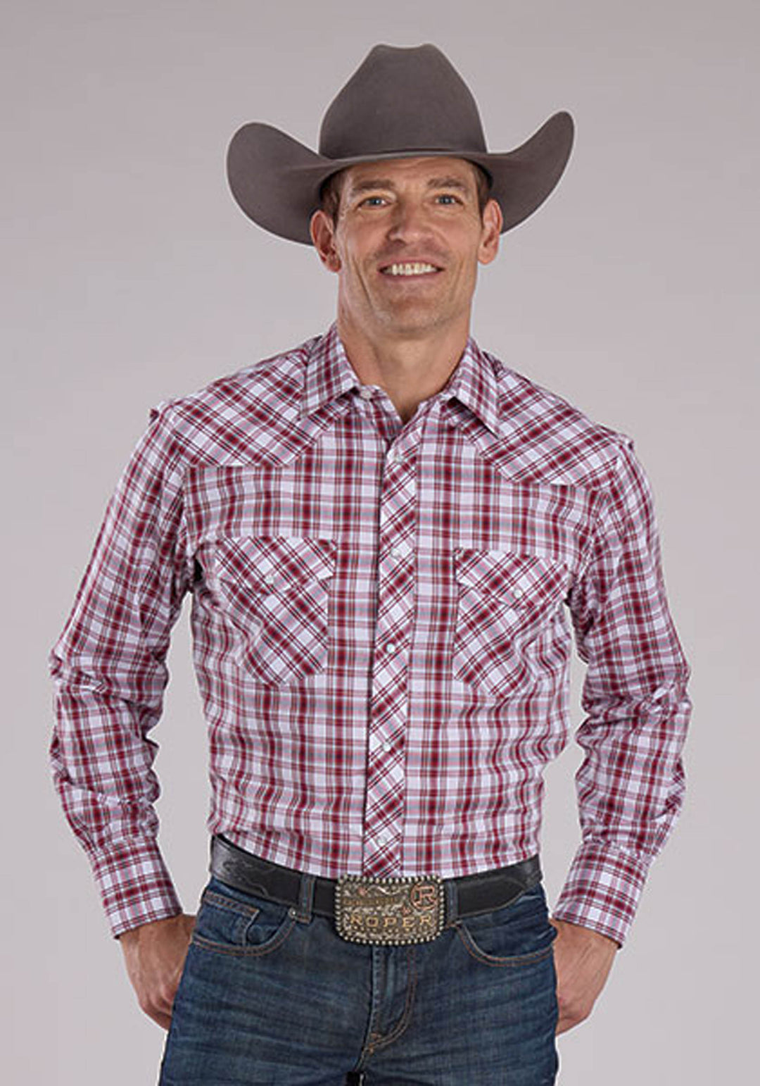 MENS RED WHITE AND BLACK PLAID LONG SLEEVE SNAP WESTERN SHIRT