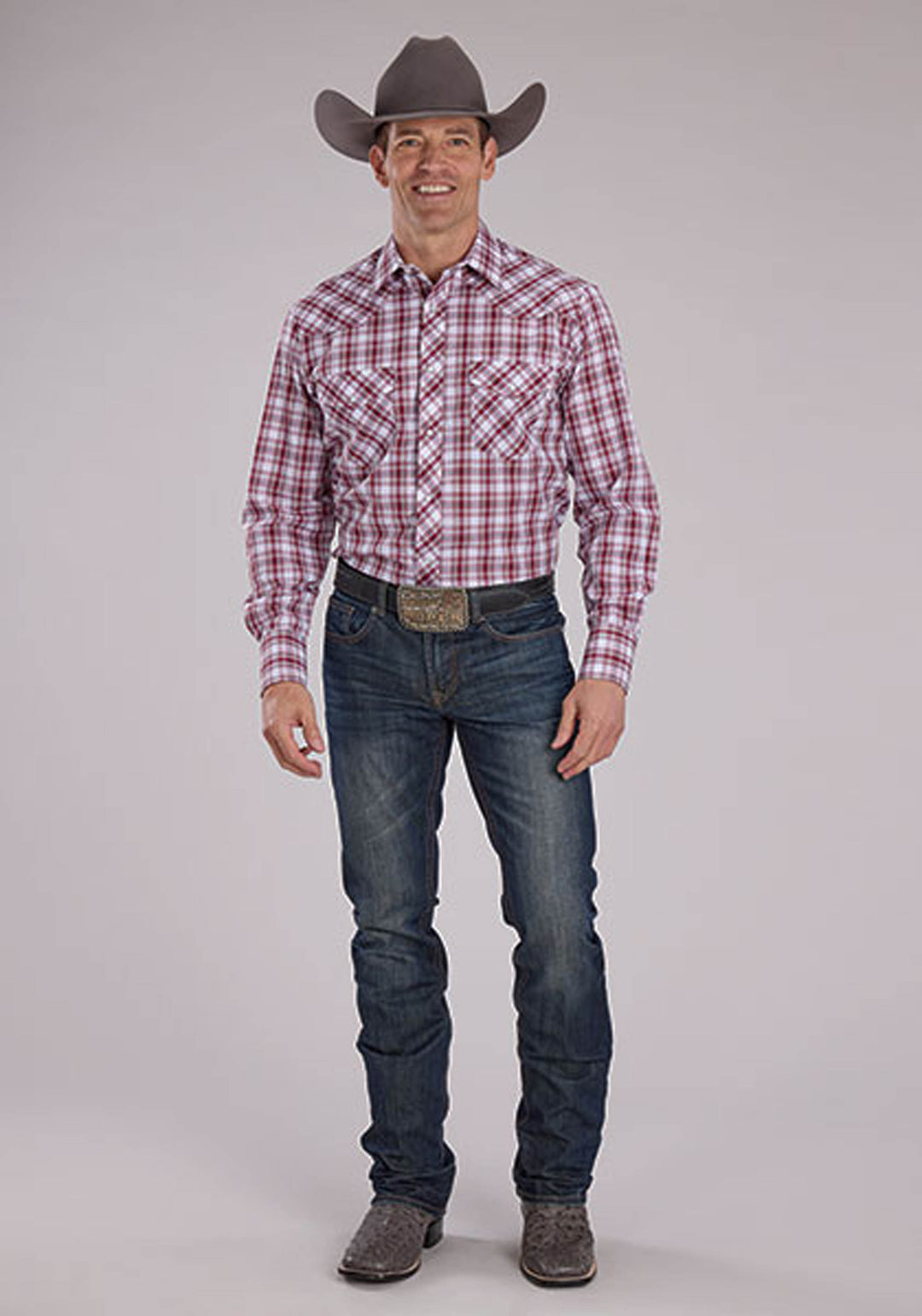 MENS RED WHITE AND BLACK PLAID LONG SLEEVE SNAP WESTERN SHIRT