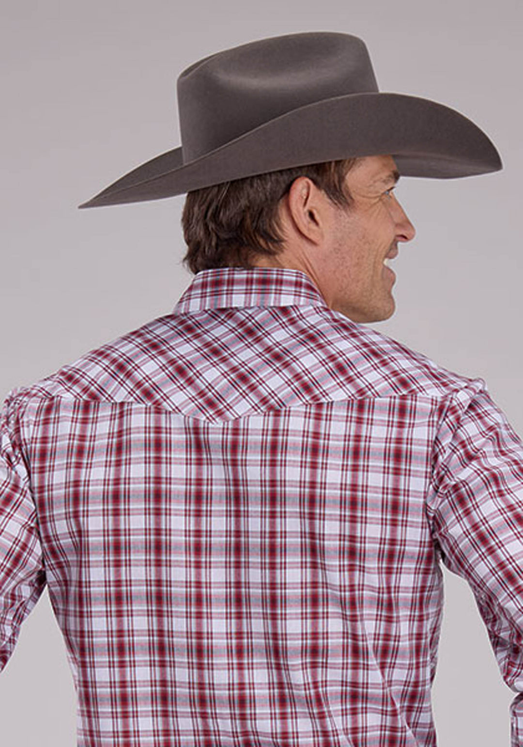MENS RED WHITE AND BLACK PLAID LONG SLEEVE SNAP WESTERN SHIRT