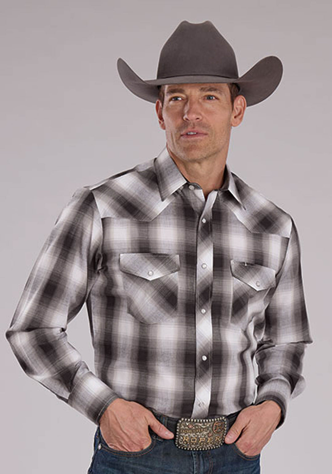 MENS GRAY BLACK AND WHITE PLAID LONG SLEEVE SNAP WESTERN SHIRT