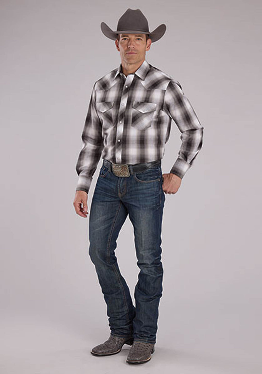 MENS GRAY BLACK AND WHITE PLAID LONG SLEEVE SNAP WESTERN SHIRT