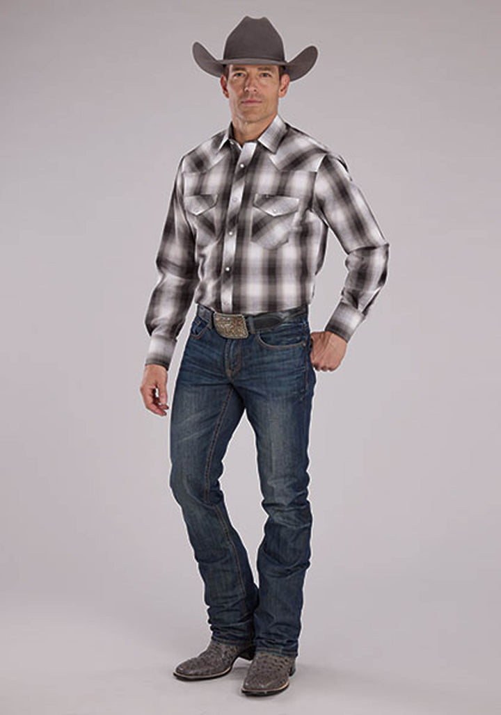 MENS GRAY BLACK AND WHITE PLAID LONG SLEEVE SNAP WESTERN SHIRT