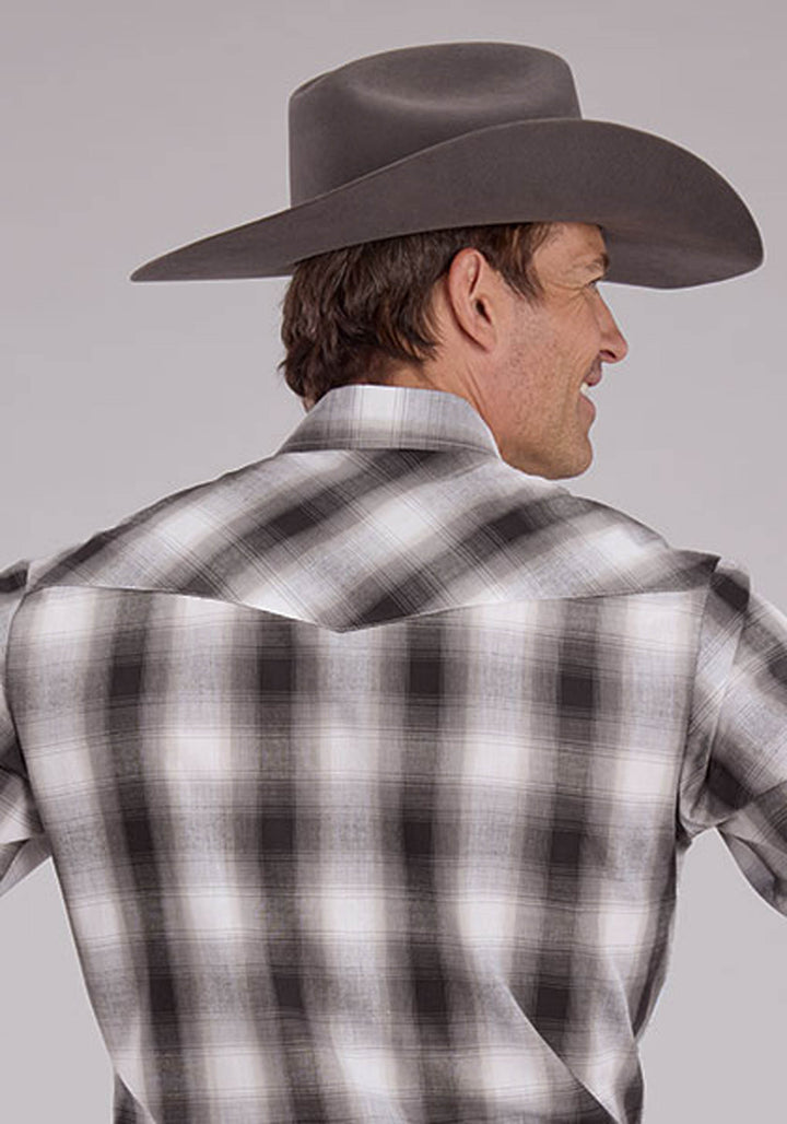 MENS GRAY BLACK AND WHITE PLAID LONG SLEEVE SNAP WESTERN SHIRT
