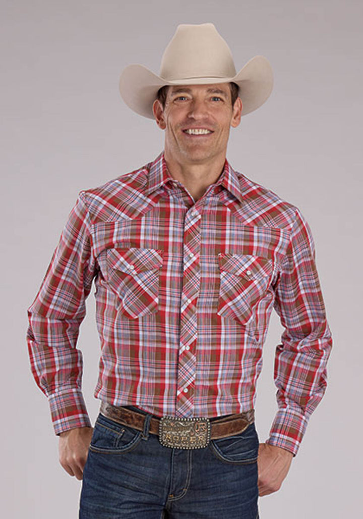 MENS BROWN RED AND BLUE PLAID LONG SLEEVE SNAP WESTERN SHIRT