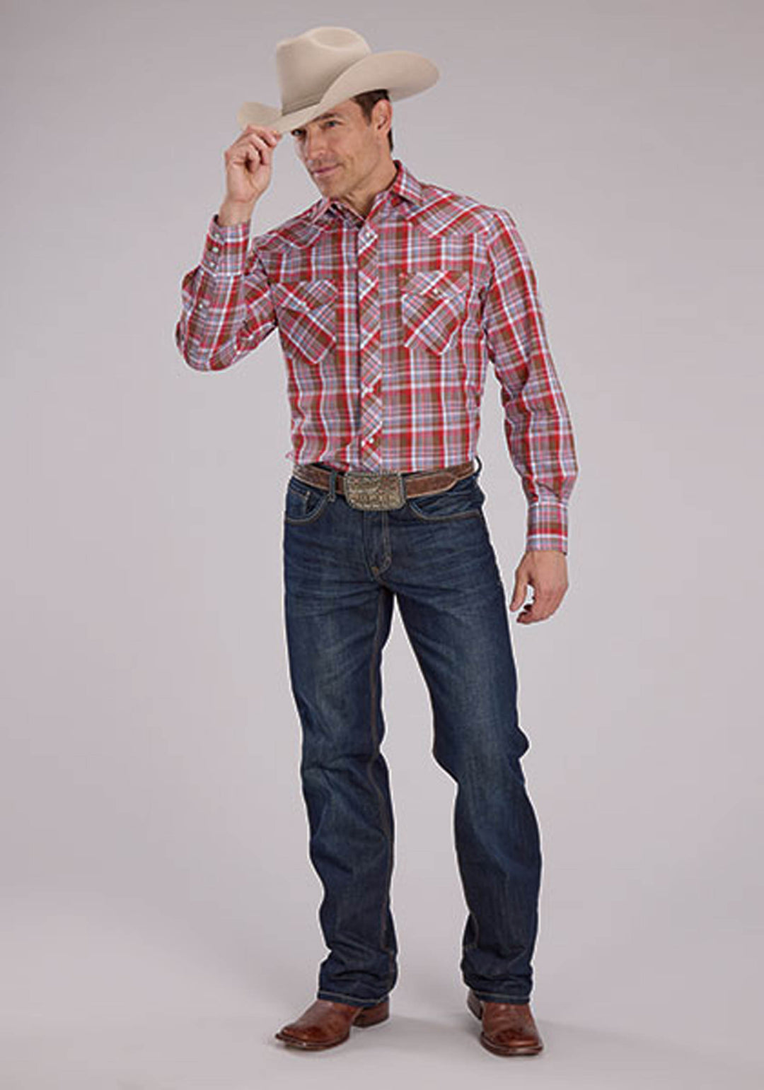 MENS BROWN RED AND BLUE PLAID LONG SLEEVE SNAP WESTERN SHIRT