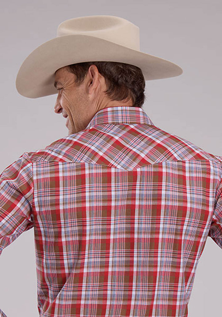 MENS BROWN RED AND BLUE PLAID LONG SLEEVE SNAP WESTERN SHIRT