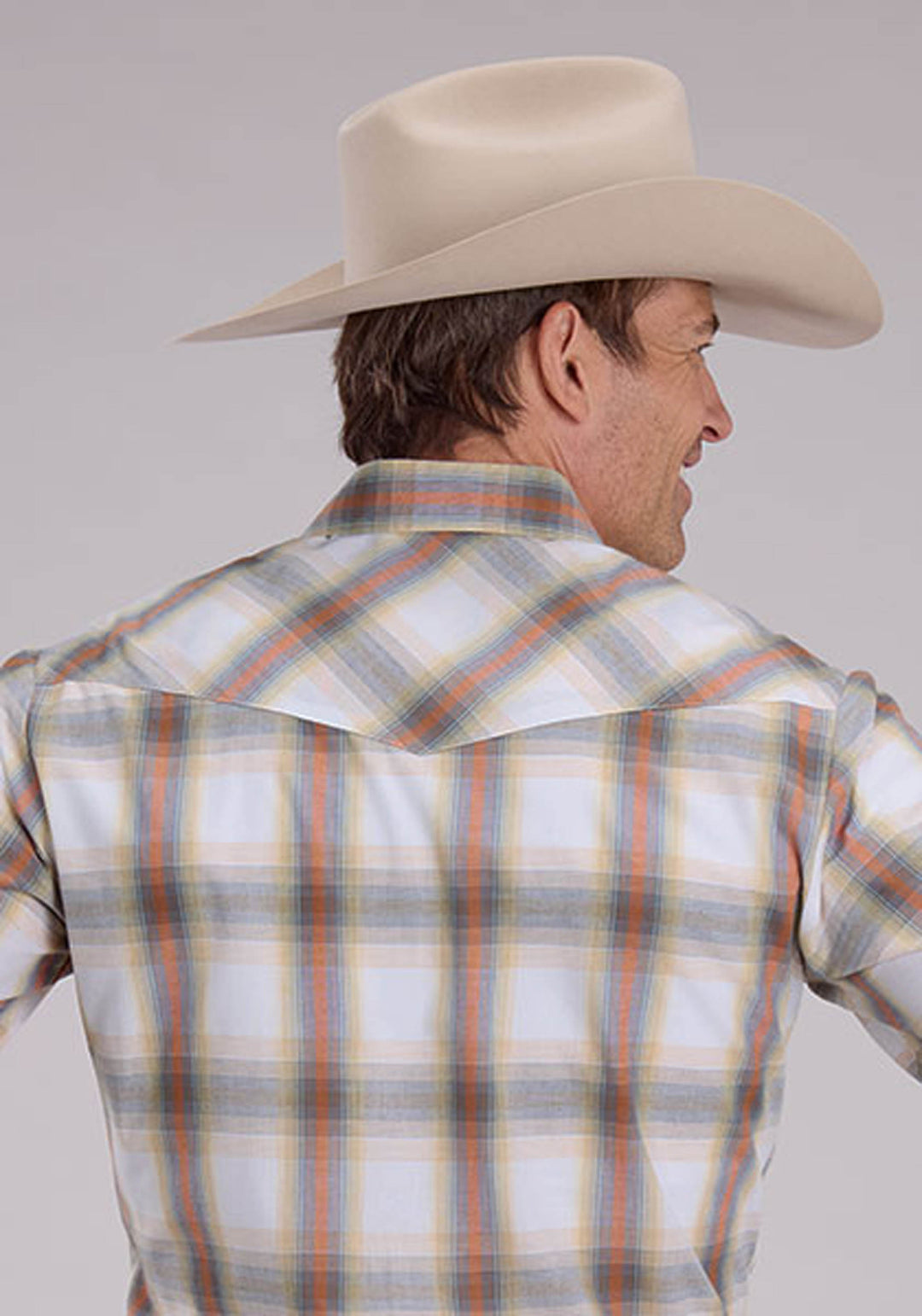 MENS LONG SLEEVE SNAP CREAM STEEL BLUE TANGERINE PLAID WESTERN SHIRT