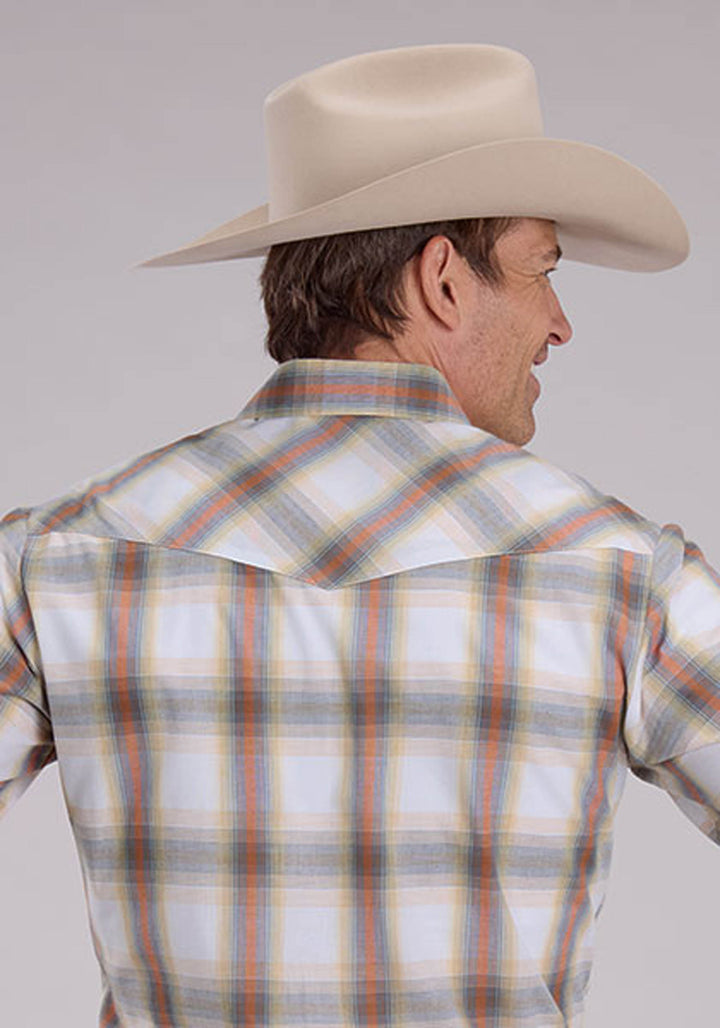 MENS LONG SLEEVE SNAP CREAM STEEL BLUE TANGERINE PLAID WESTERN SHIRT