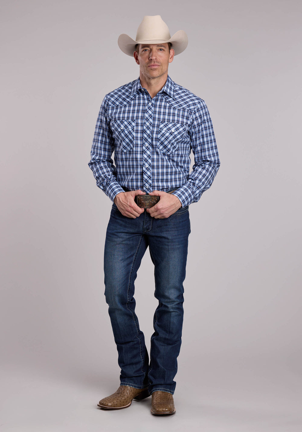 MENS ROPER MULTI BLUE  WHITE PLAID LONG SLEEVE SNAP SHIRT