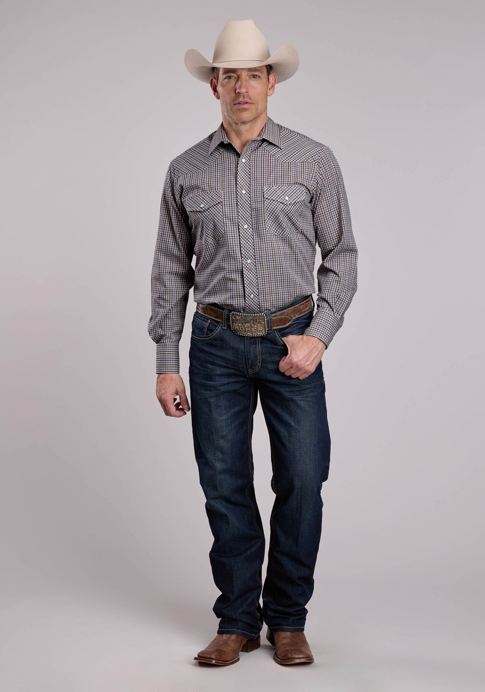 MENS ROPER TAUPE BLUE  WHITE PLAID LONG SLEEVE SNAP SHIRT