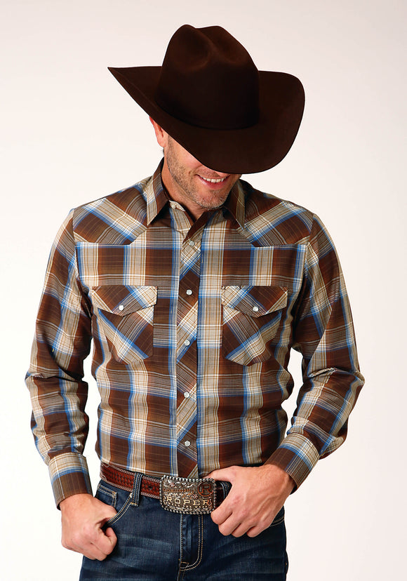 MENS LONG SLEEVE SNAP BROWN PLAID W GOLD LUREX WESTERN SHIRT