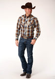 MENS LONG SLEEVE SNAP BROWN PLAID W GOLD LUREX WESTERN SHIRT