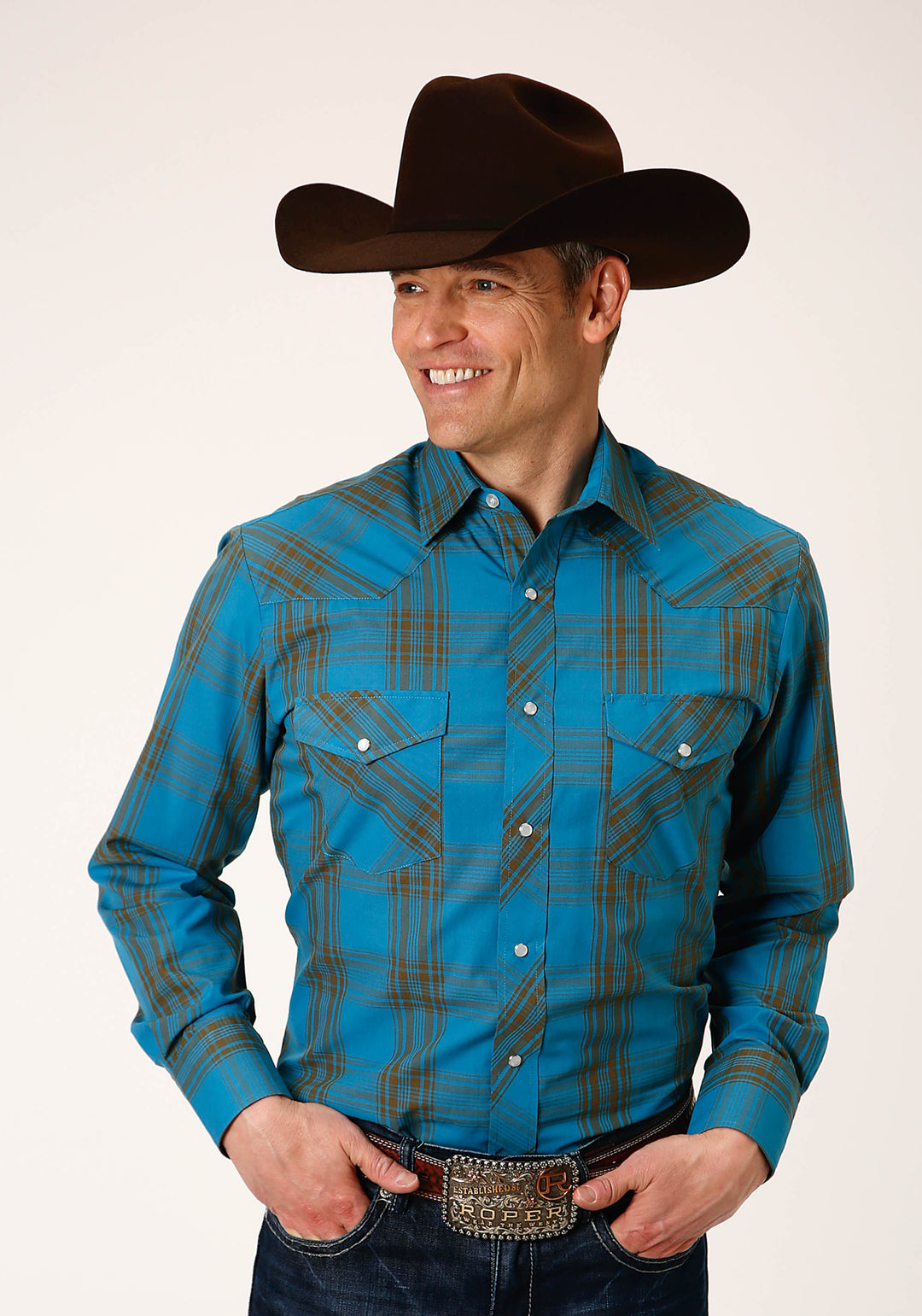 MENS LONG SLEEVE SNAP PEACOCK BLUE AND OLIVE WESTERN SHIRT