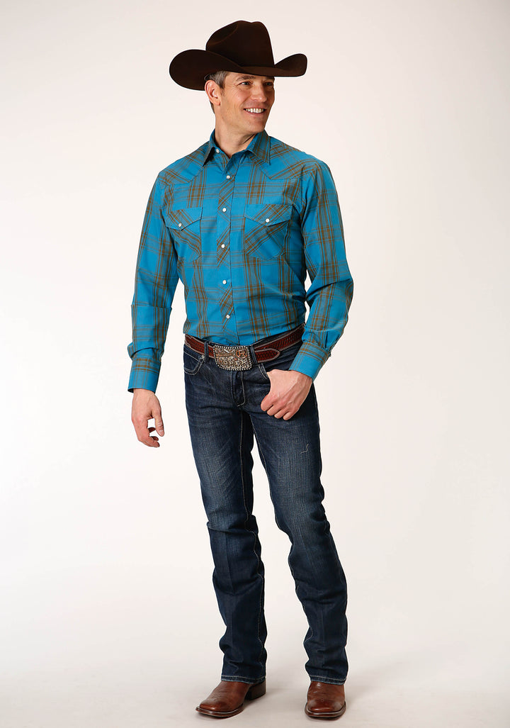 MENS LONG SLEEVE SNAP PEACOCK BLUE AND OLIVE WESTERN SHIRT