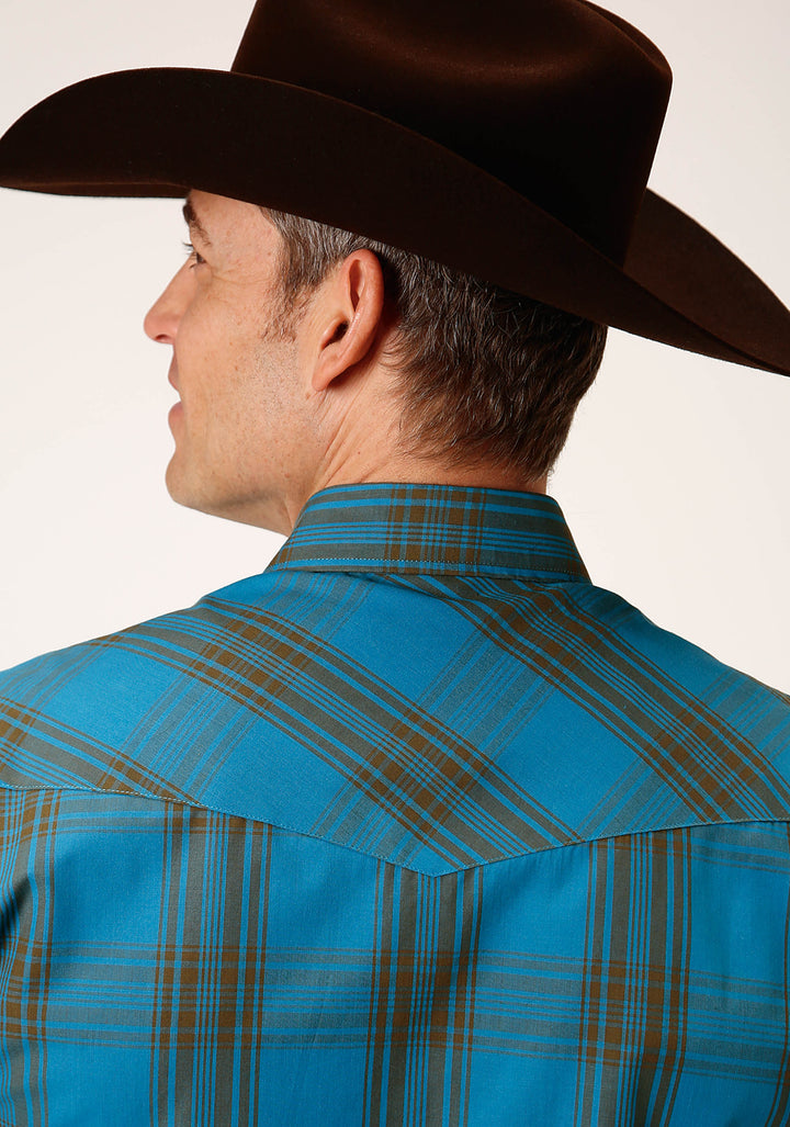 MENS LONG SLEEVE SNAP PEACOCK BLUE AND OLIVE WESTERN SHIRT