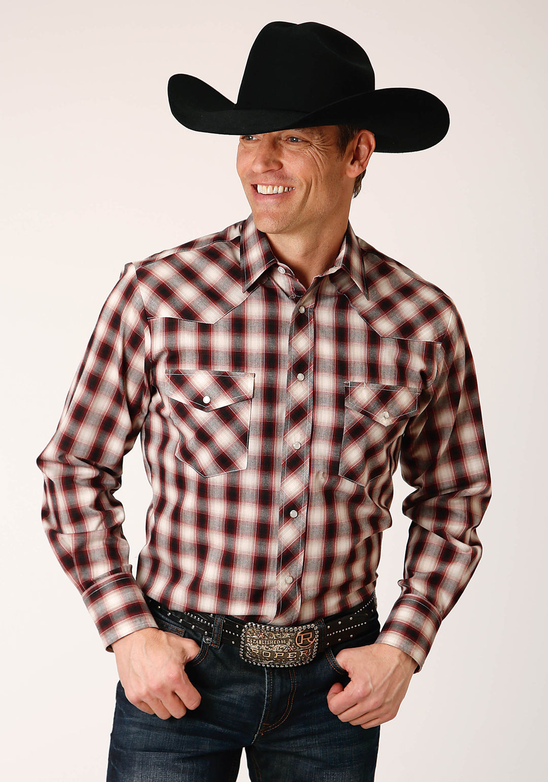 MENS LONG SLEEVE SNAP WINE BLACK CREAM PLAID WESTERN SHIRT
