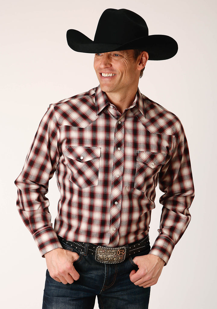 MENS LONG SLEEVE SNAP WINE BLACK CREAM PLAID WESTERN SHIRT