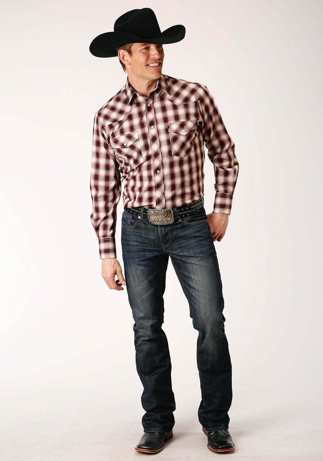 MENS LONG SLEEVE SNAP WINE BLACK CREAM PLAID WESTERN SHIRT